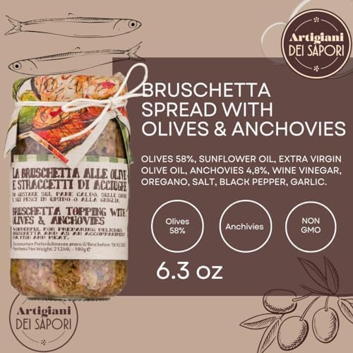 ARTIGIANI DEI SAPORI - Bruschetta Spread with Olives & Anchovies, 6.3 oz, Premium Italian Appetizer, Bruschetta Topping