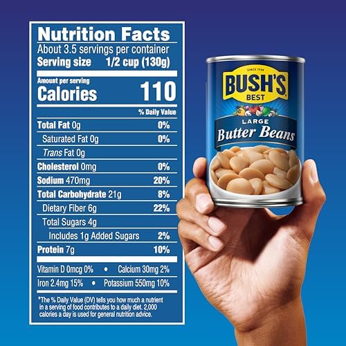 BUSH'S BEST 16 oz Canned Large Butter Beans, Source of Plant Based Protein and Fiber, Low Fat, Gluten Free, (Pack of 12)