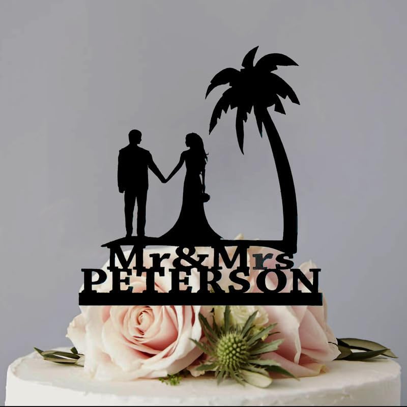 Beach Scene Bride And Groom Cake Topper, With Last Name Standard Acrylic Wedding Anniversary Destination Fand Cake, Lover, Newlyweds