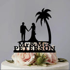 Beach Scene Bride And Groom Cake Topper, With Last Name Standard Acrylic Wedding Anniversary Destination Fand Cake, Lover, Newlyweds
