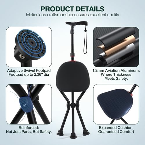 Walking Cane with Seat – Folding Lightweight Walking Cane Chair for Seniors, Adjustable Height 32"-36", Heavy-Duty 3-Legged Cane Stool for Men Women (Black)