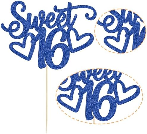 Gyufise 1Pc Sweet Teenager 16 Cake Topper Glitter 16th Birthday Cake Pick for Cheers to 16 Years Old 16th Birthday Party Cake Decorations Supplies Blue