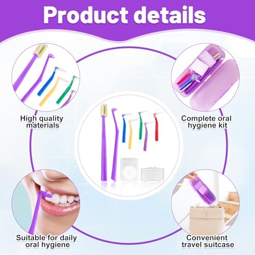 9-in-1 Orthodontic Oral Care Kit with Case – Toothbrush, End Tuft Toothbrush, 5 Interdental Brushes, Dental Floss, Dental Wax – Portable Hygiene Set for Braces and Daily and Travel Use (Purple)