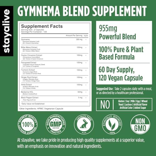 STAY ALIVE Gymnema Sylvestre 25:1 Extract, 120 Capsules with Bitter Melon, Ceylon Cinnamon, Berberine, Turmeric, Ginger, Amla Powder and Fenugreek, Non-GMO & Gluten Free Gymnema Sylvestre Supplement