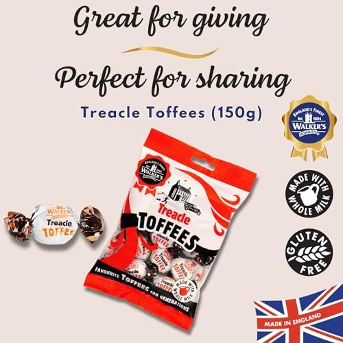 Walkers Nonsuch Treacle Toffees Bag 5.29 oz (Pack of 12) - Chewy Black Treacle English Toffee Candy, Traditional English Sweets, Gluten Free British Butter Candy, Imported from UK