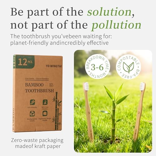 Bamboo Toothbrush BPA-Free Bristles Biodegradable Handle Ergonomic Design 12 Pack Natural Wooden Oral Care Set for Adults