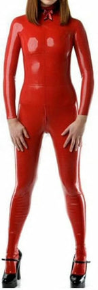 Handmade Neck Entry Double Shoulders Zipper Women's Full Body Latex Tight Jumpsuit Rubber Catsuit,Red,M