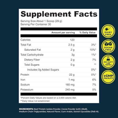 Grass Fed Beef Protein Powder – 22g Protein, 17g Collagen, 18 Amino Acids, Non-GMO - Dairy, Sugar & Gluten Free – Chocolate Flavor, Carnivore & Paleo Friendly, Beef Protein Isolate, 30 Servings