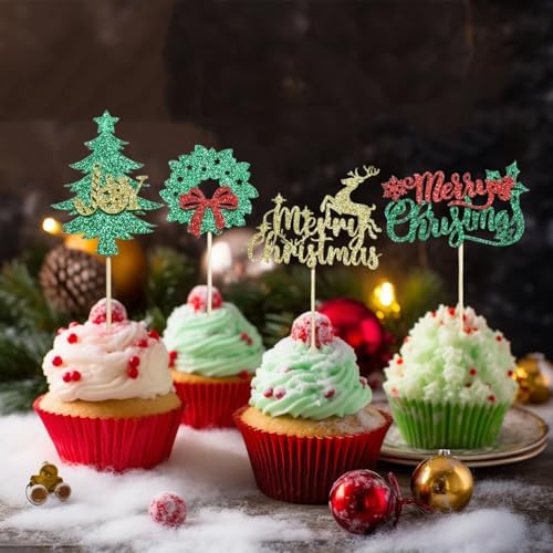 24 Pcs Christmas Cupcake Toppers, 8 Designs Holiday Cake Decor Picks with Santa Snowman Reindeer Tree for Party Dessert Baking Decorations