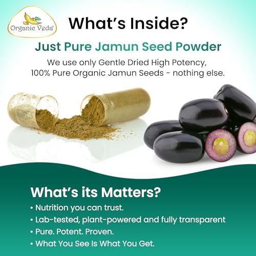 Organic Veda Jamun Seed Capsules – Indian BlackBerry Seed Sugar Digestion Herbal Supplement – Supports Metabolism & Antioxidant Health – Vegan, Non-GMO, No Fillers – 120 Capsules