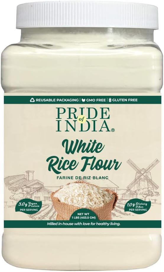 Pride of India- White Rice Flour 1 lbs (454 gm) Mild Slightly Sweet Neutral Taste Freshly Milled in Small Batches | Used for Cooking Baking Coating Thickening | Vegan, Gluten Free
