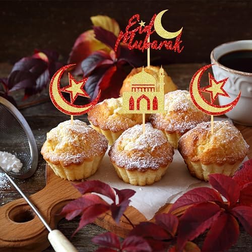 24 Pcs Eid Mubarak Cupcake Toppers for Eid Islamic Muslim Party Cake Decorations (Red Gold)