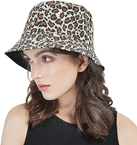 Reversible Leopard Bucket Hat Cotton Fisherman Cap Packable Cheetah Sun Hat for Women and Men