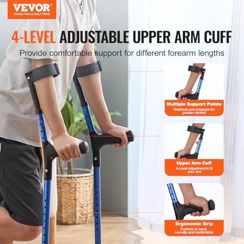 VEVOR Forearm Crutches for Adults, 11-Level Height Adjustable Walking Crutches with 4-Level Upper Cuff, Lightweight Aluminum Medical Support Crutches for Leg Injury Surgery Disabled, 1 Pair (350LBS)