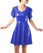 Puff Short Sleeve A-line PVC Faux Latex Dress Office Lady Chic Pleated Mini Dress Streewear