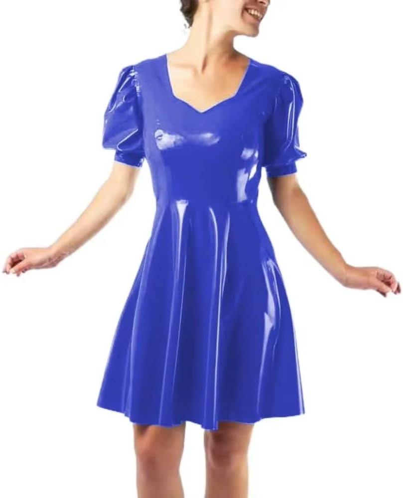 Puff Short Sleeve A-line PVC Faux Latex Dress Office Lady Chic Pleated Mini Dress Streewear