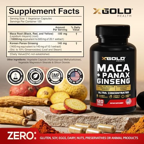 Maca Root Capsules 20:1 Extract + Korean Panax Ginseng10:1 Extract - 20x Concentrated Black + Red + Yellow Maca Root, 10x Concentrated Panax Ginseng Capsules - Ultra Potent & Highly Purified