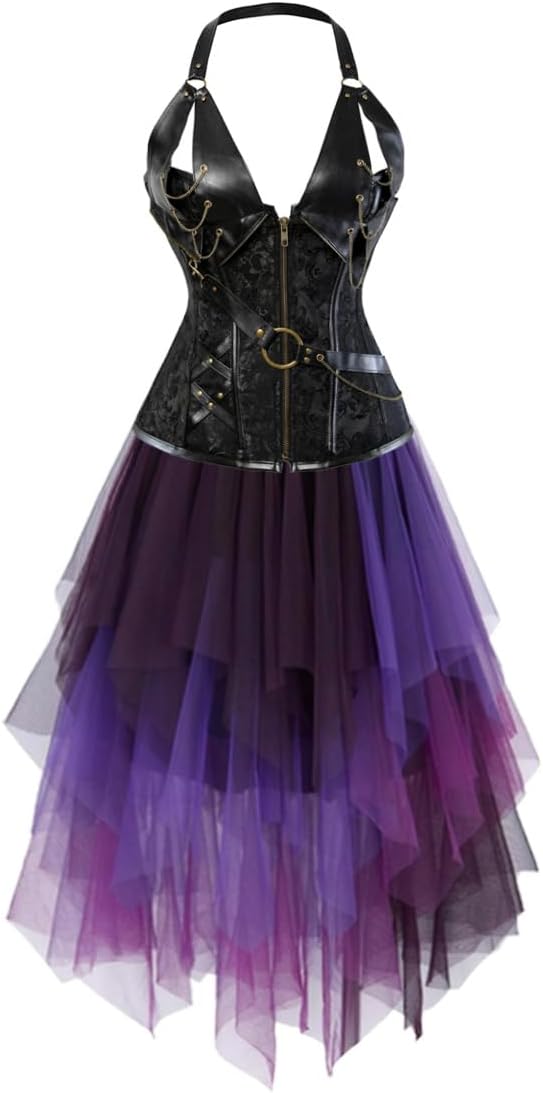 Jutrisujo Brown Corset Pirate Dress Skirt 2 Set Halloween Costumes Plus Size Steampunk Gothic