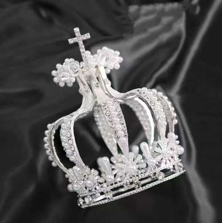 Crown Princess Cake Topper Wedding Birthday Crystal Pearl Tiara Cake Decor For Wedding Birthday Baby Shower Cake Photo Party Supplies (Silver)