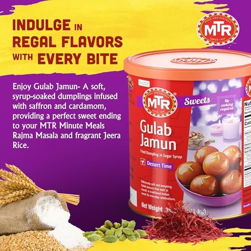 MTR Gulab Jamun - Traditional Indian Sweet – Soft & Melt-in-the-Mouth Texture – Easy to Prepare at Home – No Preservatives – 35.7 oz (Pack of 2)