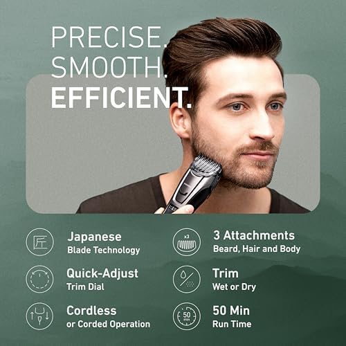 Panasonic Multi-Groomer Electric Beard Trimmer for Men, Men’s Trimmer for Beard, Hair and Body, 39 Trim Length Settings with 3 Attachments, Corded/Cordless Operation – ER-GB80-S (Silver)