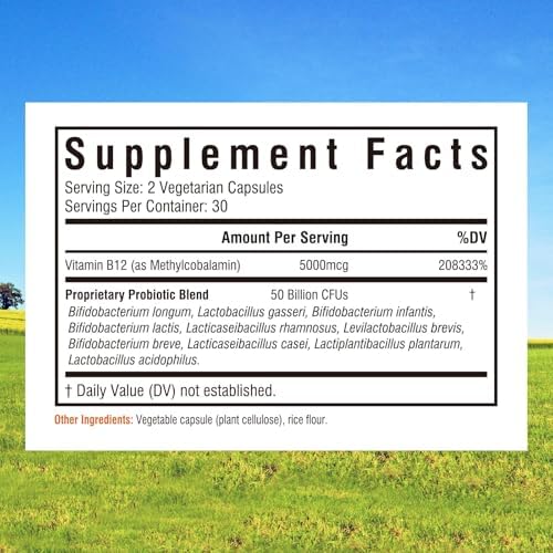 Innate Vitality Vitamin B12 & Probiotics, Bioactive, Naturally Occurring Methyl B12 5000 MCG, 50 Billion CFUs from 10 Probiotic Strains, for Gut, Immune & Energy, 60 Vegetarian Capsules