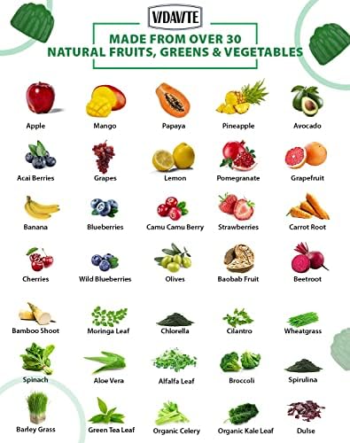 VIDAVITE Sugar-free Super Greens Gummies — US-Made, 35+ Fruit and Veggie gummies to Boost Immunity, Skin & Gut Health — Ideal Fruits and Vegetables Supplement for Adults & Picky Teens (30-Days Supply)