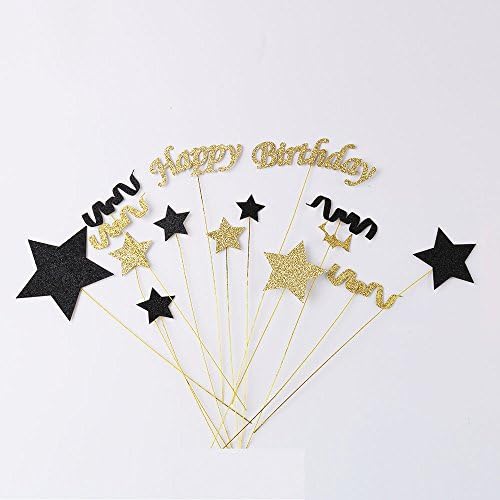 Handmade Black and Glod Glitter Pentacle Pentacle Cake Toppers Happy Birthday Cake Bunting Topper Paper, Birthday Party Decoration