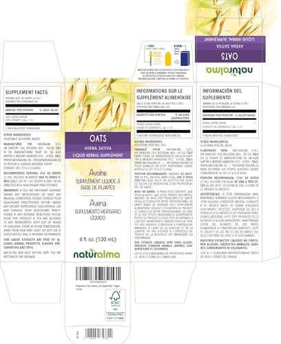 Naturalma Oats (Avena Sativa) Tops Alcohol-Free Tincture - 4 fl oz Liquid Extract in Drops - Herbal Supplement - Vegan