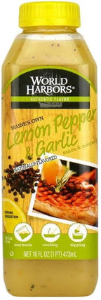 World Harbors Lemon Pepper Garlic Sauce & Marinade, Made in Maine, Ideal for Turkey Injector, Chicken Wings, Seafood, Grilled Meats, Stir-Fries, Sandwiches, Salads, Garnish Dipping, 16 oz