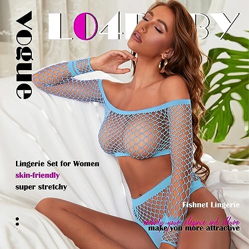 Women's Fishnet Lingerie Set for Women Sparkly Rhinestone Off Shoulder Two Piece Lingerie Set Stripper Outfit