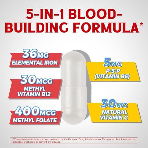 Iron Supplement for Women & Men, with Vitamins C, B6, B12 & Folate for Iron Deficiency, Blood Building & Energy Support, Stomach Friendly, Better Absorption, Non-GMO, No Gluten, 180 Vegan Caps