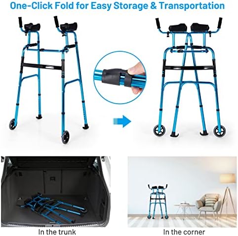 GYMAX Walkers for Seniors, Folding Upright Standard Walkers 440lbs with 5'' Wheels & Removable Padded Armrests, Lightweight Adjustable Rolling Walker for Elderly, Limited Mobility (Navy)