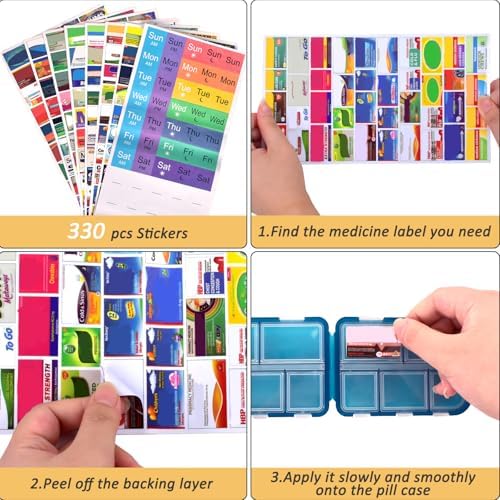 2 Pcs Pill Organizer with Medicine Labels, Portable Travel Medicine Daily Pill Container Organizer 7 Day Pill Case Storage Vitamin Fish Oil (White & Gray, 320 Medicine Lables)