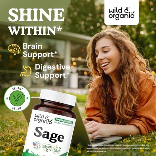 Wild & Organic Sage Capsules - Brain & Digestive Support - 1000 mg Sage Leaves per Serving - 30 Days of Supply - Salvia Officinalis Supplement - 60 Vegan Capsules - Non-GMO, Gluten-Free, No Fillers