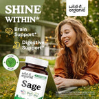Wild & Organic Sage Capsules - Brain & Digestive Support - 1000 mg Sage Leaves per Serving - 30 Days of Supply - Salvia Officinalis Supplement - 60 Vegan Capsules - Non-GMO, Gluten-Free, No Fillers