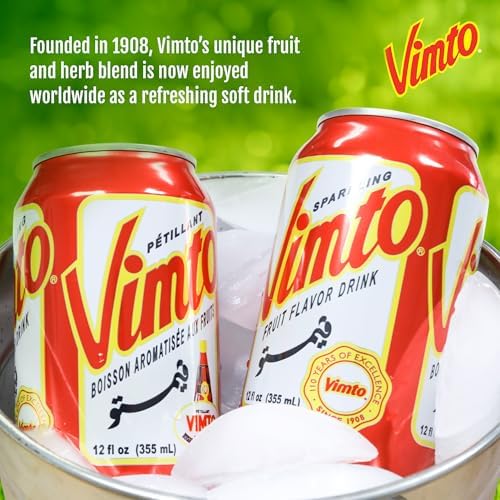 Vimto Sparkling Fruit Flavored Drink – Soda with Natural Black Cherry, Raspberry, Black Currant – Middle Eastern Formula – Perfect for Ramadan, Celebrations – Refreshing Beverage, 12 fl oz (Pack of 24)