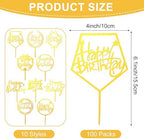 100 Pcs Gold Happy Birthday Cake Toppers Gold Acrylic Cake Topper Glitter Birthday Cake Decorations Double Sided Cake Topper for Children Supplies Accessories Decorations Figurines Ornaments