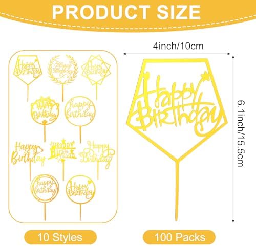 100 Pcs Gold Happy Birthday Cake Toppers Gold Acrylic Cake Topper Glitter Birthday Cake Decorations Double Sided Cake Topper for Children Supplies Accessories Decorations Figurines Ornaments
