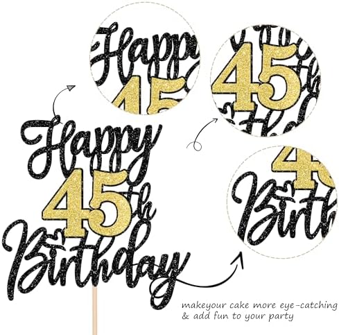 1 PCS Happy 45th Birthday Cake Topper Black Gold Glitter Cheers to 45 Years Birthday Cake Pick 45 Fabulous Cake Decoration for Happy 45th Birthday Anniversary Party Decorations Supplies