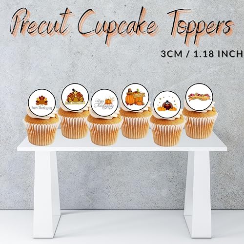 PRECUT Thanksgiving Edible Cupcake Toppers, Thanksgiving Edible Cake Decorations, Fall Cookie Decor, Pumpkin Cake Topper Decorations, 1.18 Inch / 3cm Wafer Card Discs (24)