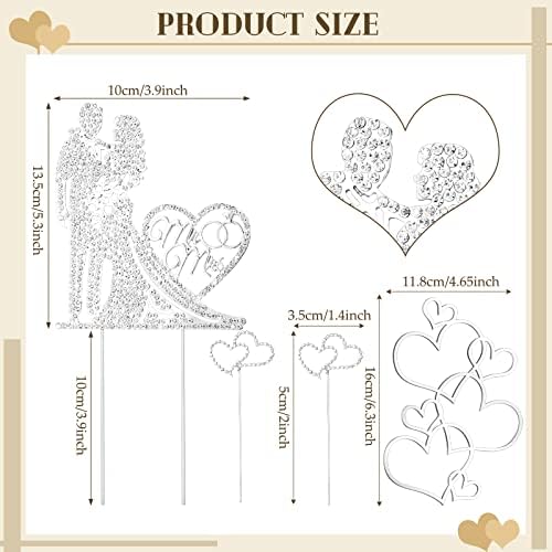 Spiareal 4 Pcs Wedding Cake Topper Mr and Mrs Rhinestone Bride and Groom Love Cake Topper Metal Crystal Heart Shaped Happy Engagement Anniversary Funny Diamond Party Decor for Bridal Shower(Silver)