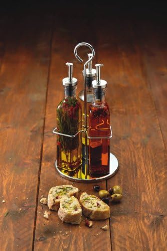 KitchenCraft World of Flavours, Oil and Vinegar Bottle Set with Stainless Steel Rack and Removable Cork, Oil Dispenser, Olive Oil Bottle and Vinegar Bottle Glass, 4 Piece Set