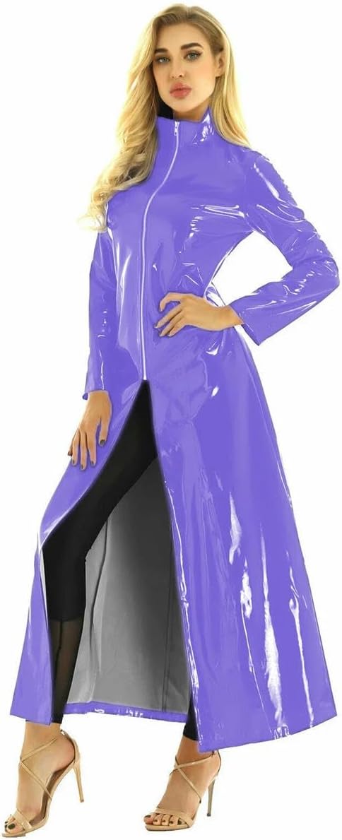 Unisex PVC Leather Dress Long Sleeve Coat Clubwear Party Pole Dance Performance Costumes Customize Purple