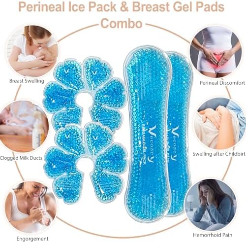 Perineal Ice Packs & Breast Therapy Gel Packs Set with Soft Washable Covers for Engorgement, Mastitis, Hemorrhoids & After Birth Discomfort, Postpartum Recovery Kit with 4 Reusable Ice Packs