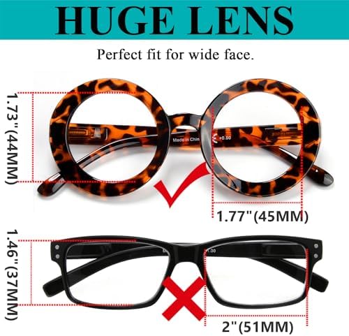 LUR Oversized Round Reading Glasses for Women - 4 Pack Ladies Readers Large Frame +1.00