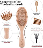 Wooden Hair Brush and Comb, One-piece Design, Reduce Frizz and Static, Massage Scalp, Detangling Paddle Hairbrush for Women, Girls, Kids, Includes Cleaning Claw, 5 Wood Bristles