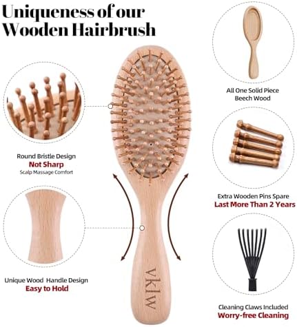 Wooden Hair Brush and Comb, One-piece Design, Reduce Frizz and Static, Massage Scalp, Detangling Paddle Hairbrush for Women, Girls, Kids, Includes Cleaning Claw, 5 Wood Bristles