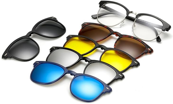 5 Pcs Magnetic Clip On Sunglasses Retro Half-Frame Interchangeable Polarized Tinted Lenses for Men and Women Unique Gift Stick-on Trendy Fashion Magnetic Sunglasses