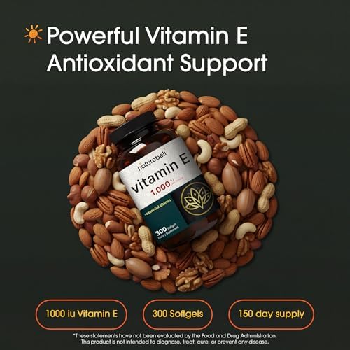 NatureBell Vitamin E 1,000 IU Per Serving - 300 Softgels - Antioxidant Supplement for Skin, Heart & Brain Health Support - High Bioavailability* - Gluten-Free & Non-GMO